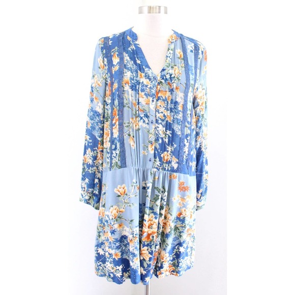 Tiny Anthropologie Gaina Blue Floral Lace Trim Tunic Shift Dress Size S Boho - Picture 2 of 7
